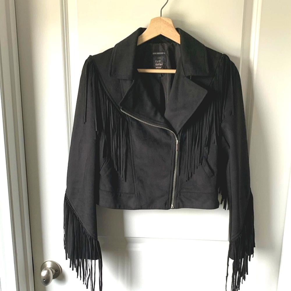 Zara Suede Fringe Moto Jacket Vegan Leather Western Boho